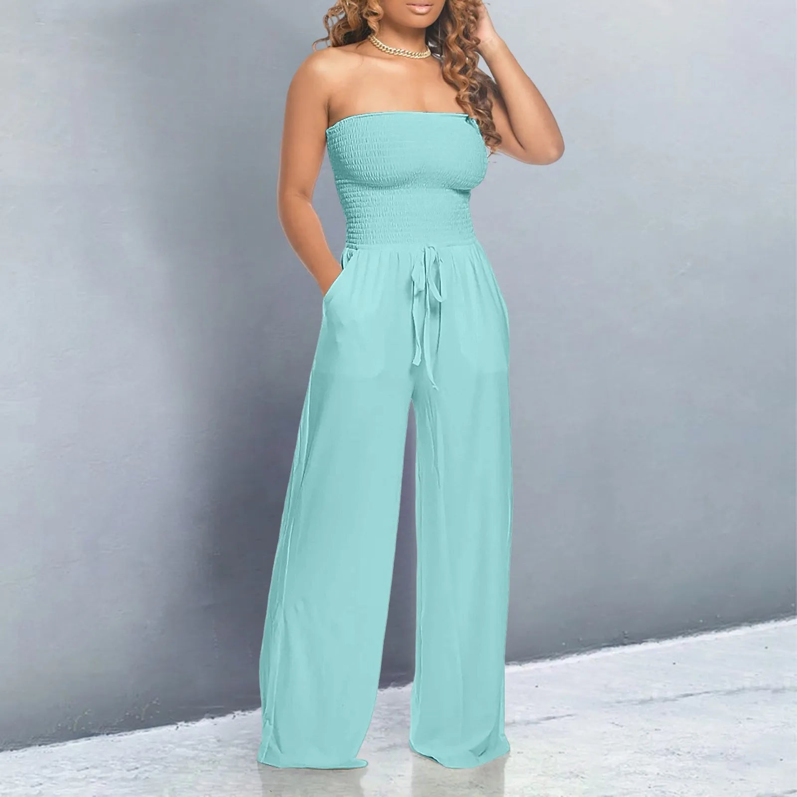 Women’s Strapless Wide‑Leg Jumpsuit with Lace‑Up Front - 3KDyn